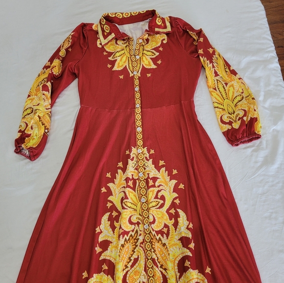 Elegant Red and Gold Women's Dress Size XL Button Up Down Graphic Print Collar - Picture 15 of 16